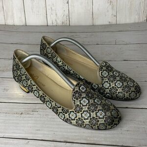 Joan and David Metallic Brocade Smoking Flat w/Metallic Gold Heel
